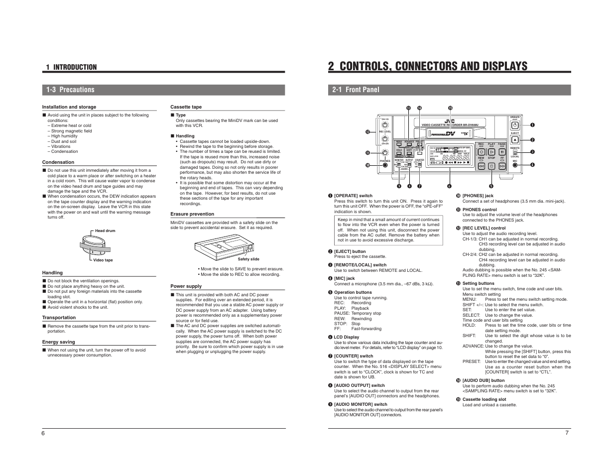 2 controls, connectors and displays, Rec save, 3 precautions | 1 introduction, 1 front panel | JVC BR-DV600U User Manual | Page 5 / 24