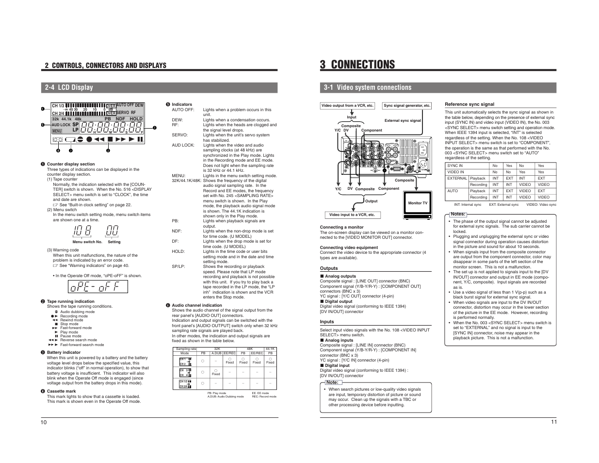 3 connections, Monitor out, 1 video system connections | 4 lcd display 2 controls, connectors and displays | JVC BR-DV600U User Manual | Page 7 / 24