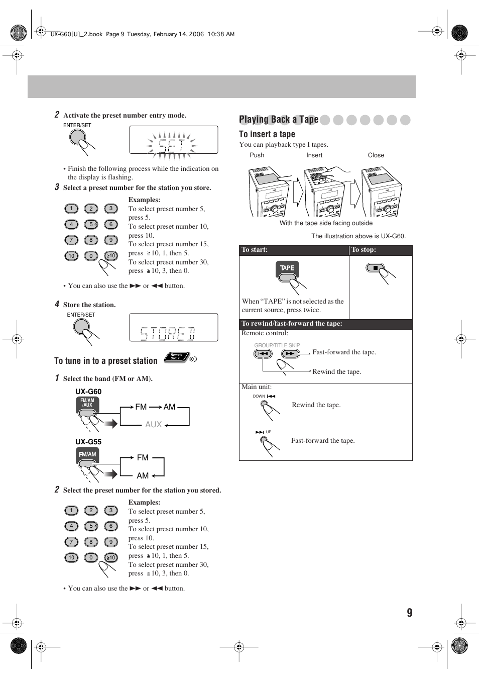 Playing back a tape, Fm am | JVC UX-G60 User Manual | Page 11 / 48