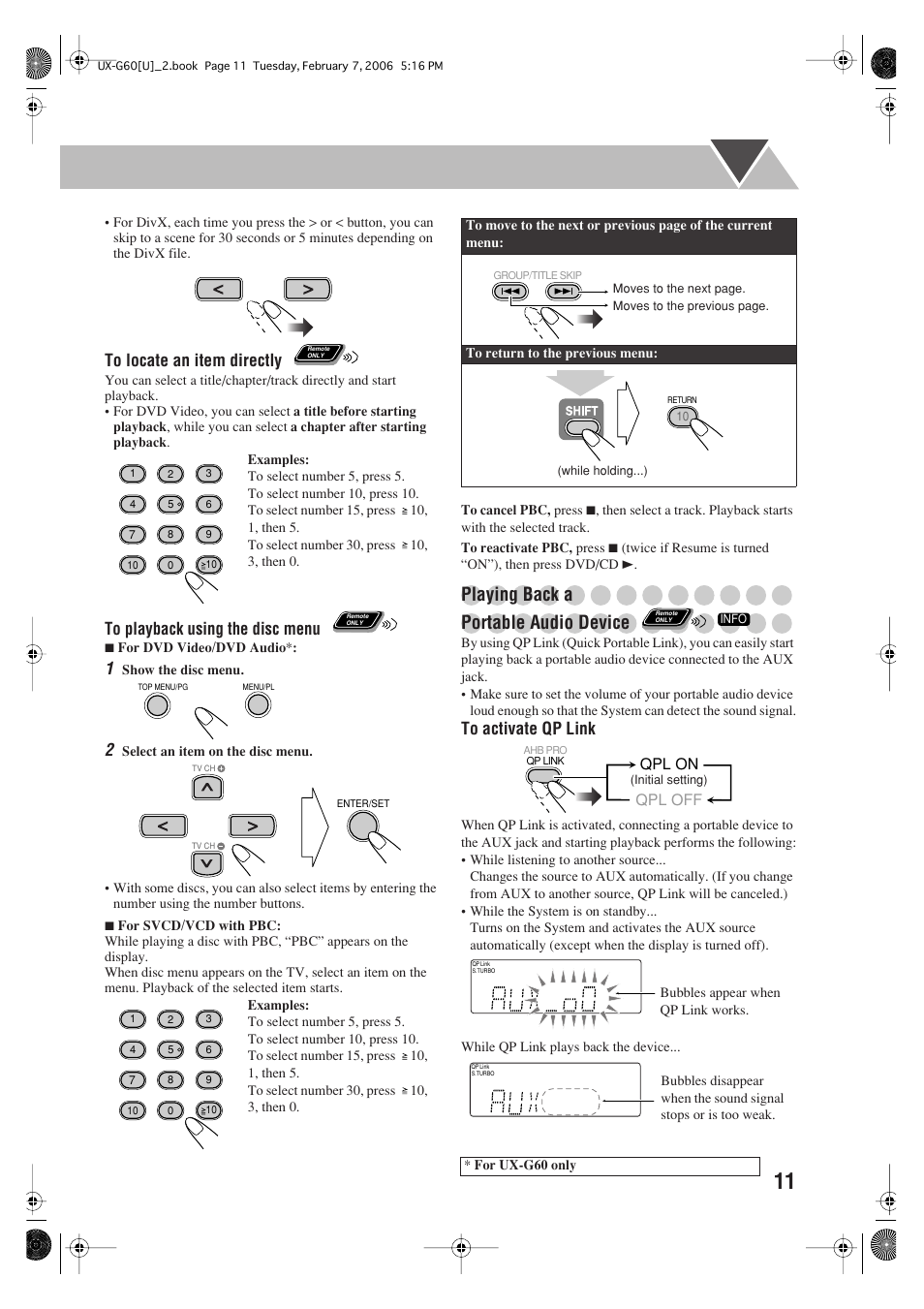 Playing back a portable audio device, Qpl on qpl off | JVC UX-G60 User Manual | Page 13 / 48