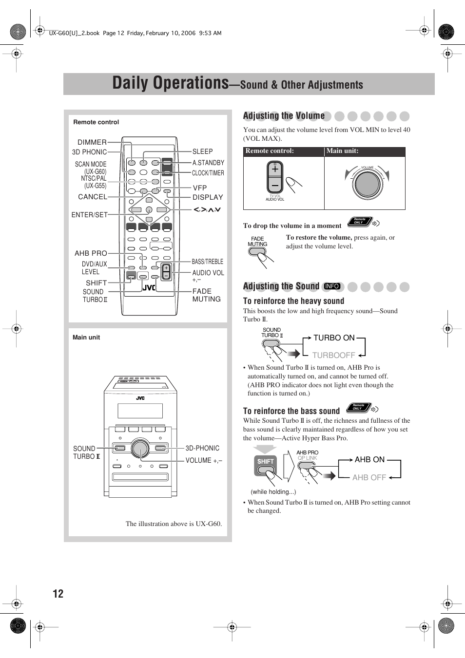 Daily operations, Sound & other adjustments, Adjusting the volume | Adjusting the sound | JVC UX-G60 User Manual | Page 14 / 48