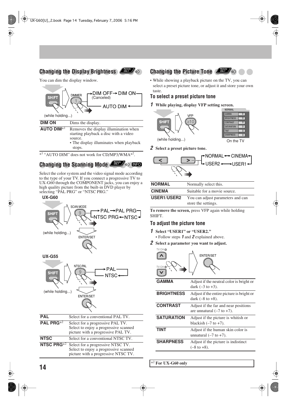 Changing the display brightness, Changing the scanning mode, Changing the picture tone | JVC UX-G60 User Manual | Page 16 / 48