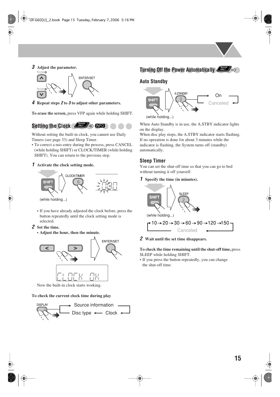 Setting the clock, Turning off the power automatically, Auto standby | Sleep timer, Source information clock disc type, Canceled on, Canceled | JVC UX-G60 User Manual | Page 17 / 48