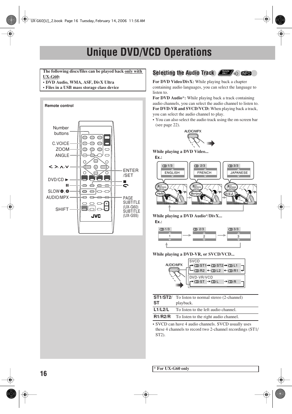 Unique dvd/vcd operations, Selecting the audio track | JVC UX-G60 User Manual | Page 18 / 48