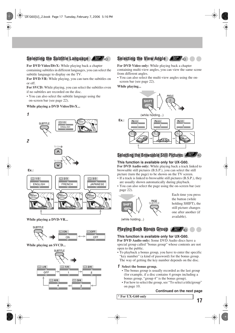 Selecting the subtitle language, Selecting the view angle, Selecting the browsable still pictures | Playing back bonus group | JVC UX-G60 User Manual | Page 19 / 48