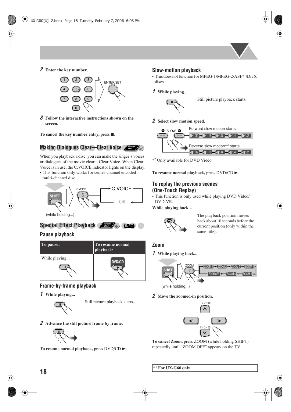 Making dialogues clear—clear voice, Special effect playback | JVC UX-G60 User Manual | Page 20 / 48