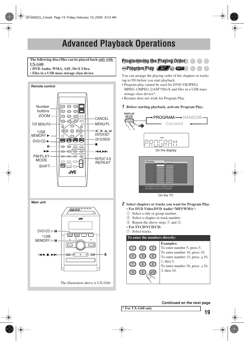 Advanced playback operations, Programming the playing order —program play, Program random | Canceled | JVC UX-G60 User Manual | Page 21 / 48