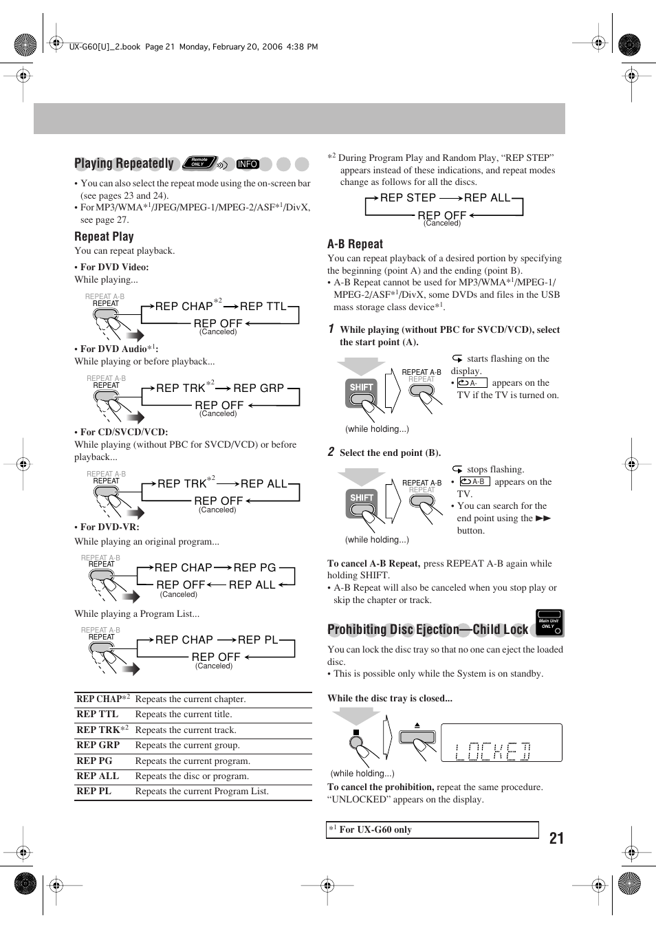 Playing repeatedly, Prohibiting disc ejection—child lock, Repeat play | A-b repeat | JVC UX-G60 User Manual | Page 23 / 48