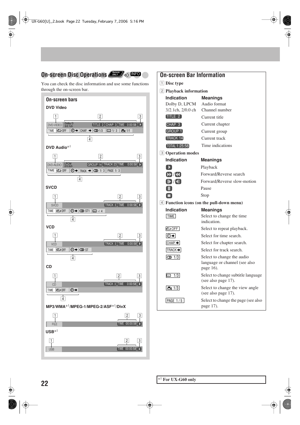 On-screen disc operations, On-screen bar information, On-screen bars | JVC UX-G60 User Manual | Page 24 / 48