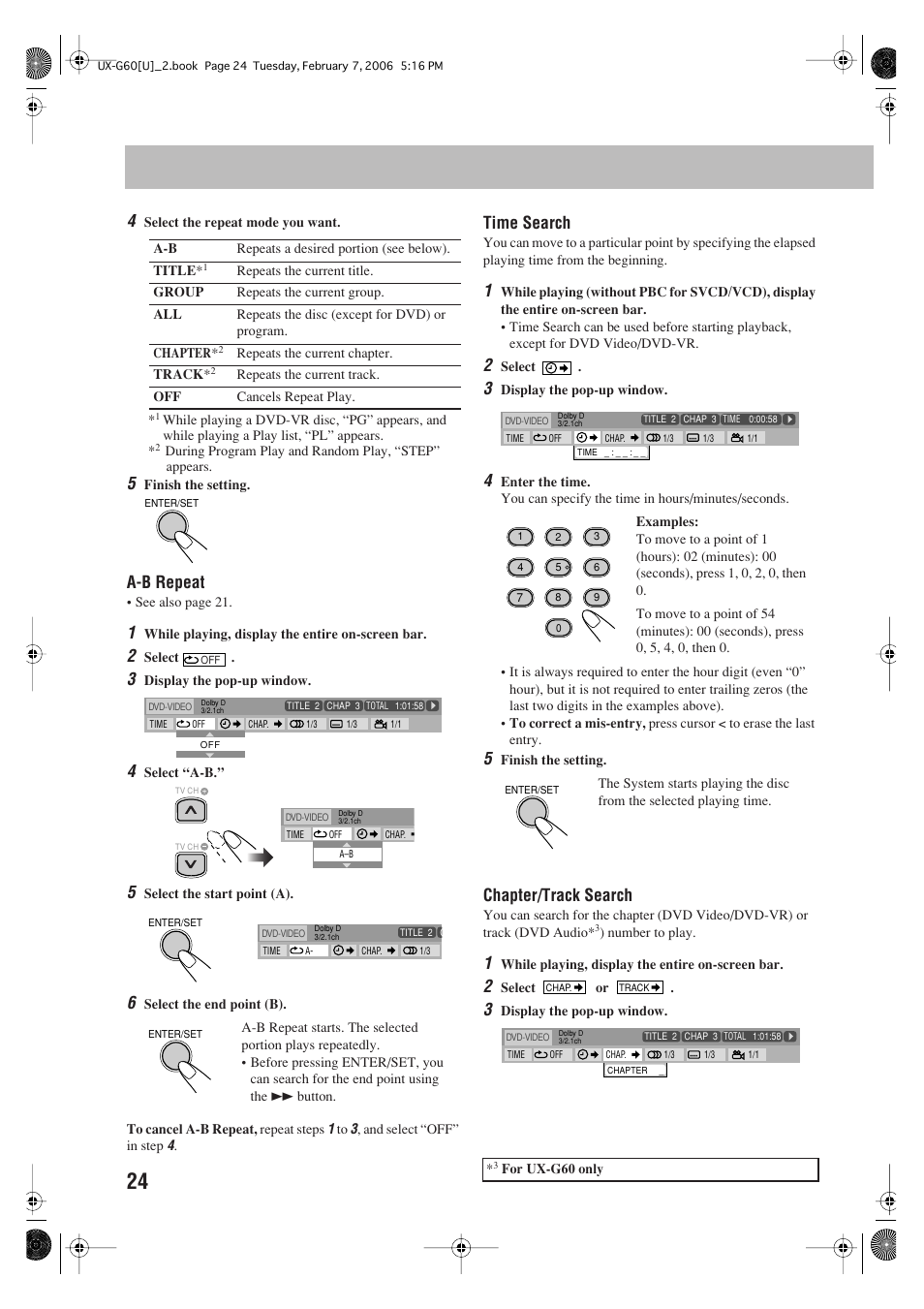A-b repeat, Time search, Chapter/track search | JVC UX-G60 User Manual | Page 26 / 48