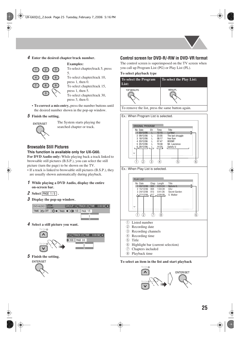 Browsable still pictures, Control screen for dvd-r/-rw in dvd-vr format | JVC UX-G60 User Manual | Page 27 / 48