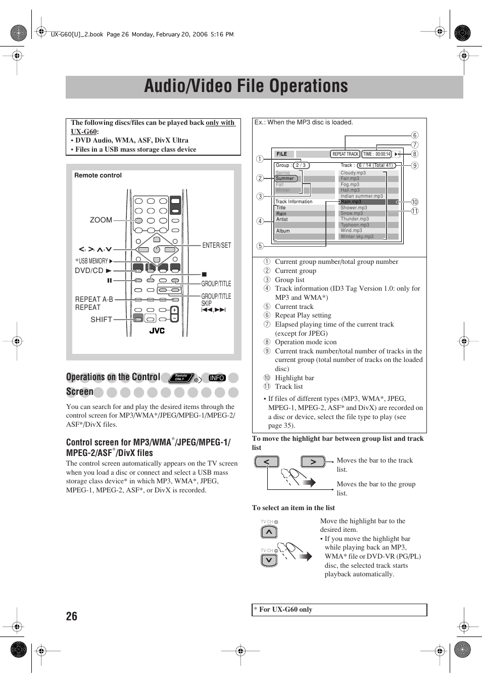 Audio/video file operations, Operations on t, He control screen | JVC UX-G60 User Manual | Page 28 / 48