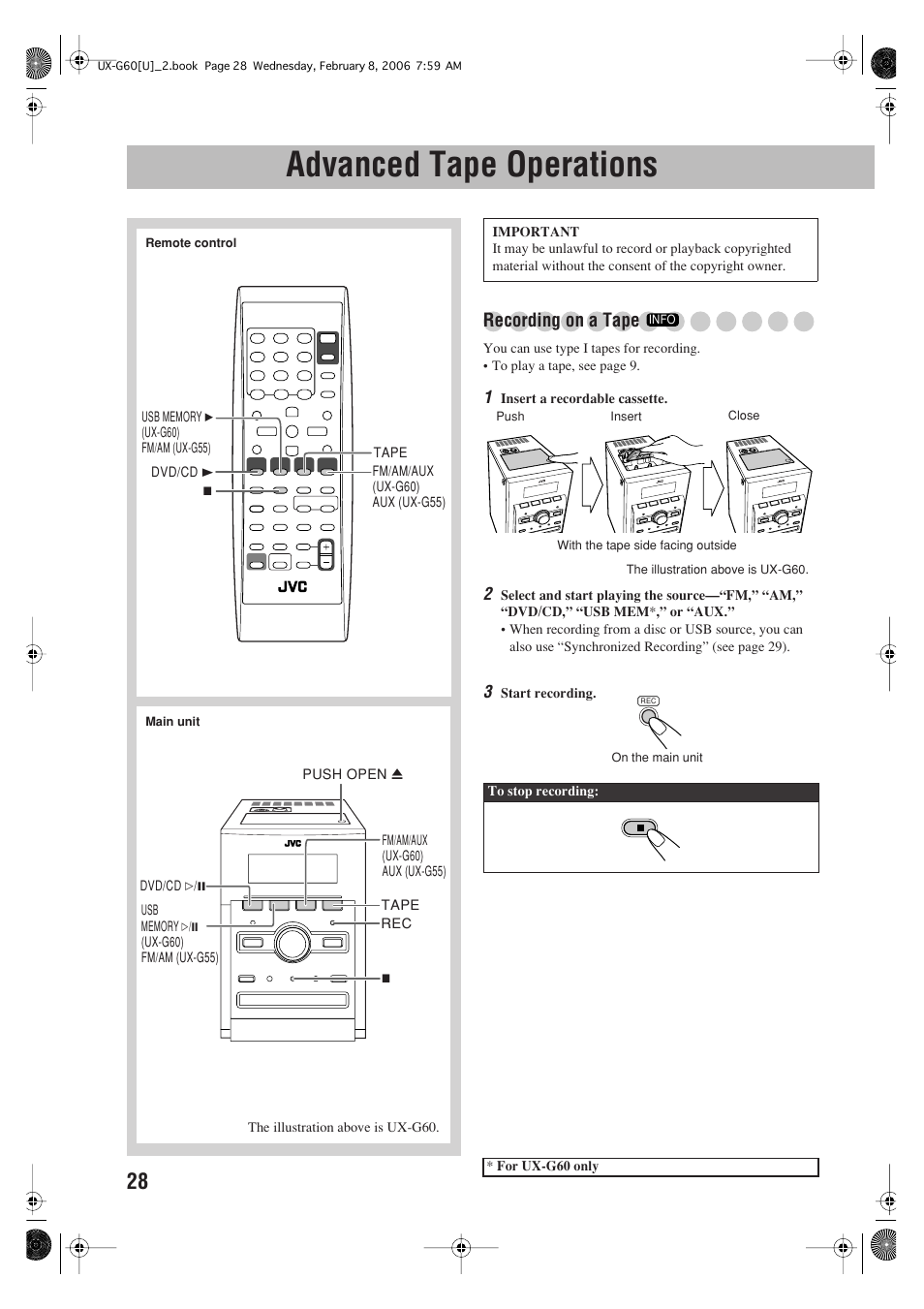 Advanced tape operations, Recording on a tape | JVC UX-G60 User Manual | Page 30 / 48