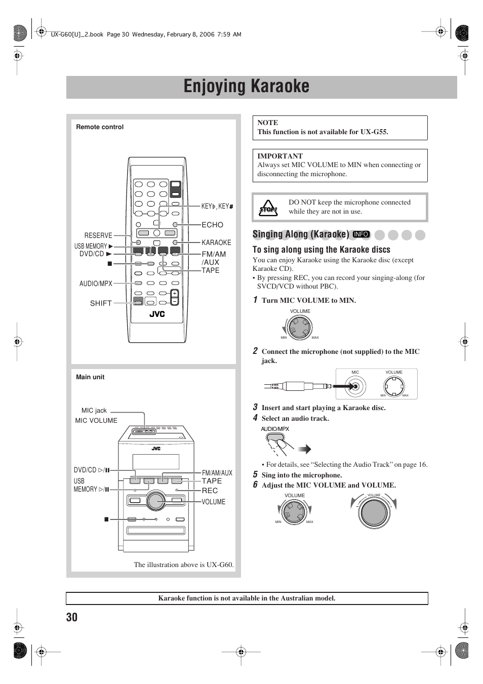 Enjoying karaoke, Singing along (karaoke) | JVC UX-G60 User Manual | Page 32 / 48