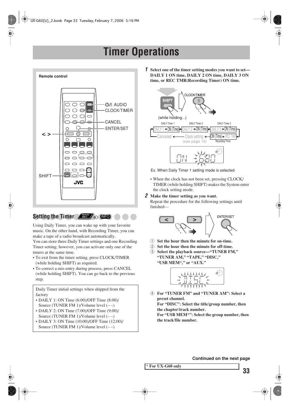 Timer operations, Setting the timer, Clock setting | Daily 1 on (time), Daily 2 on (time), Daily 3 on (time), Canceled, Rec tmr on (time) | JVC UX-G60 User Manual | Page 35 / 48