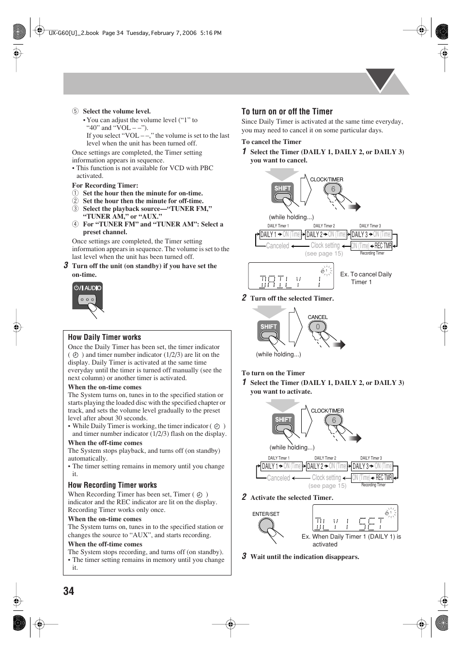 How daily timer works, How recording timer works, Daily 1 on (time) | Daily 2 on (time), Daily 3 on (time), Canceled clock setting, Rec tmr on (time), On (time) rec tmr | JVC UX-G60 User Manual | Page 36 / 48