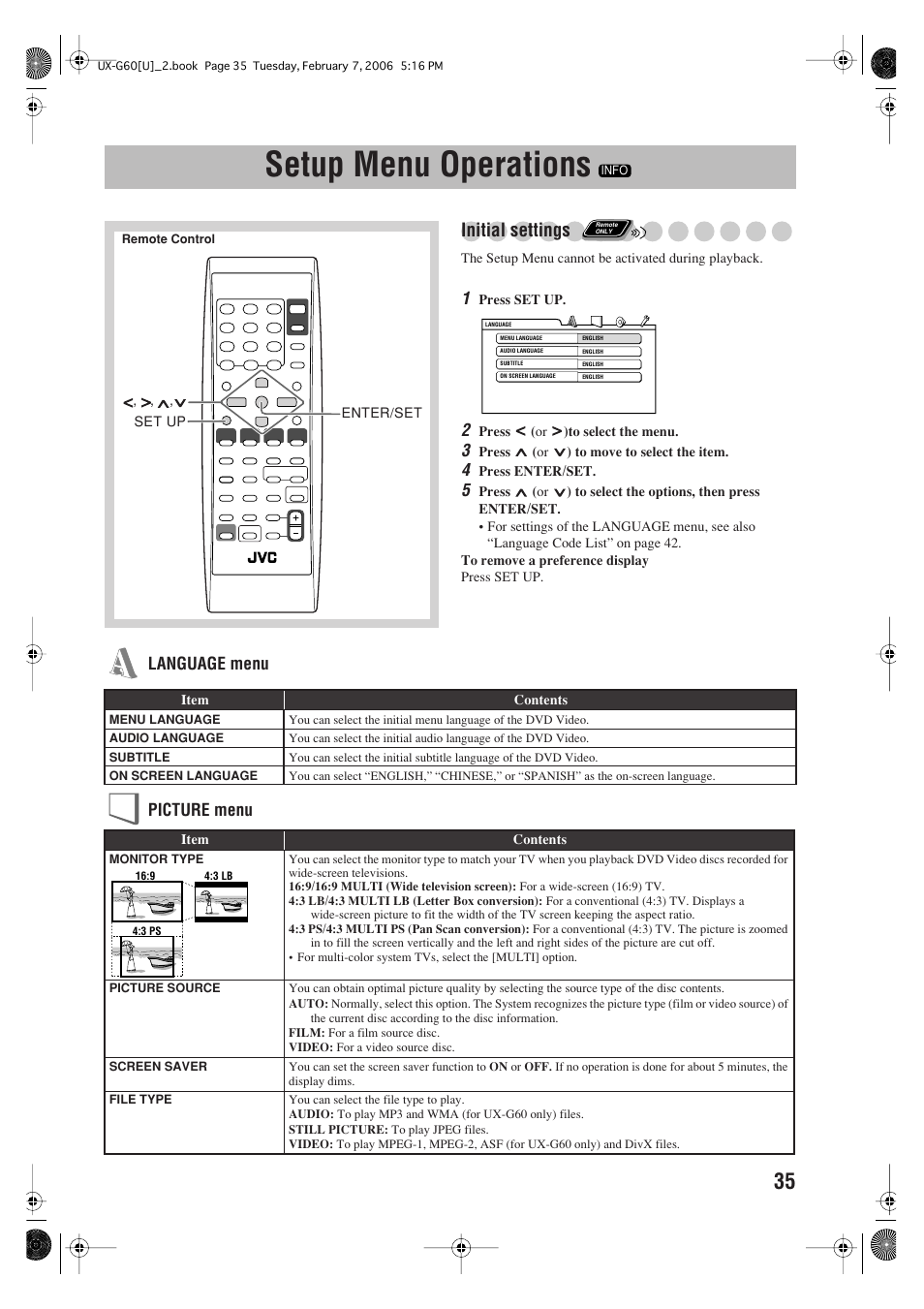 Setup menu operations, Initial settings, Language menu picture menu | JVC UX-G60 User Manual | Page 37 / 48