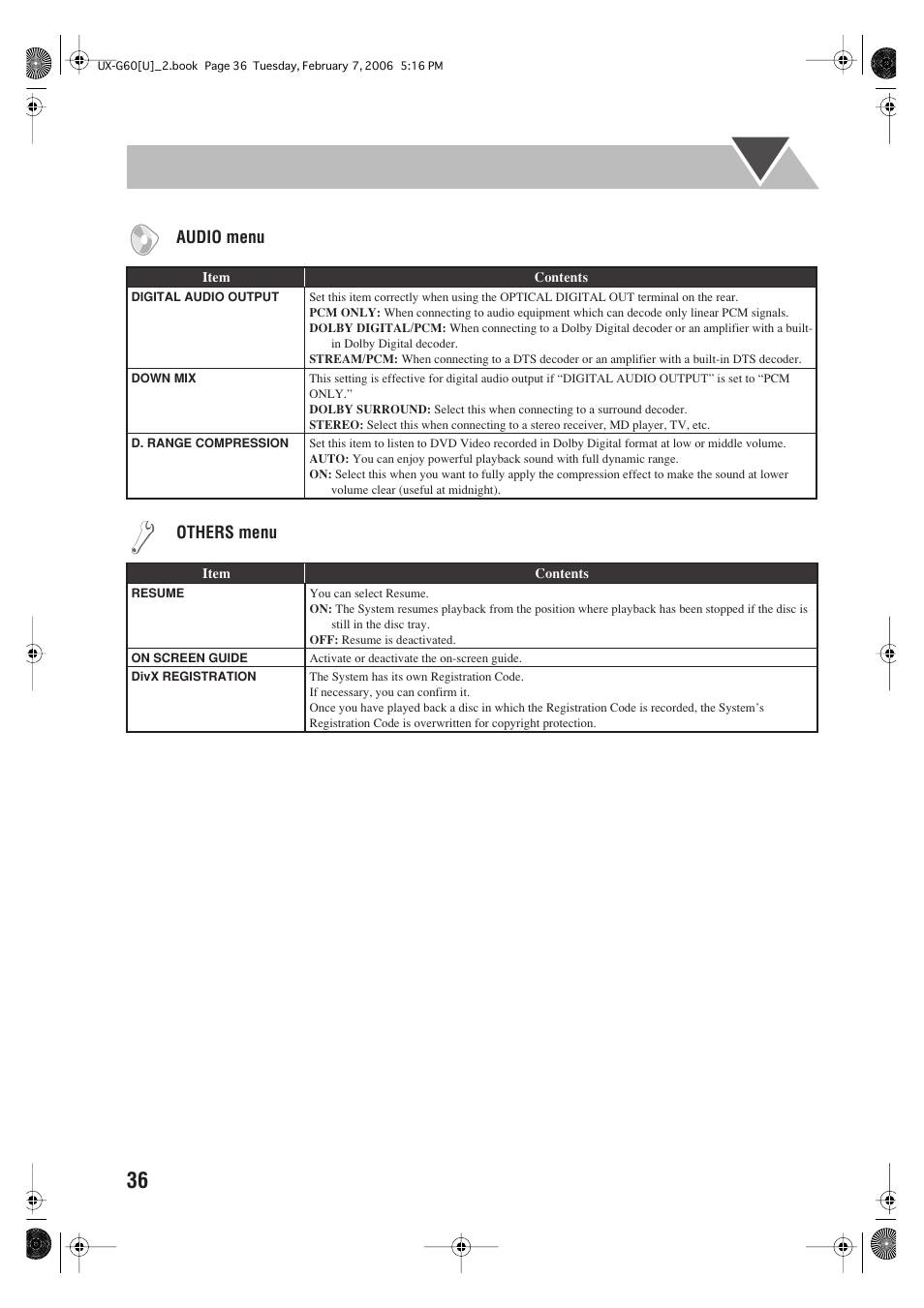Audio menu, Others menu | JVC UX-G60 User Manual | Page 38 / 48