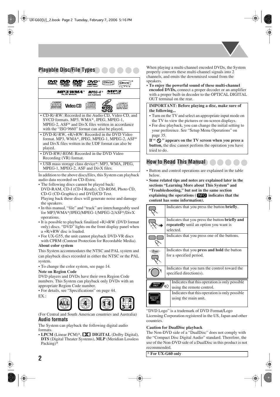 Playable disc/file types, How to read this manual | JVC UX-G60 User Manual | Page 4 / 48