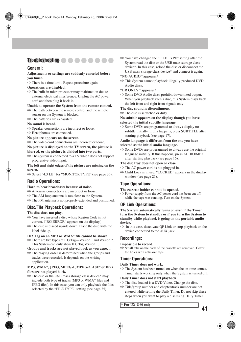 Troubleshooting | JVC UX-G60 User Manual | Page 43 / 48
