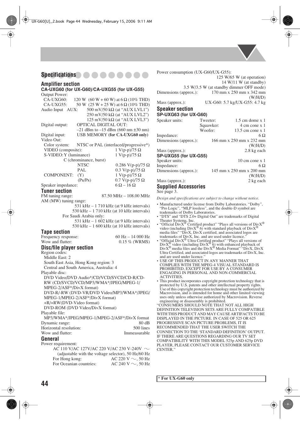 Specifications, General, Supplied accessories | JVC UX-G60 User Manual | Page 46 / 48