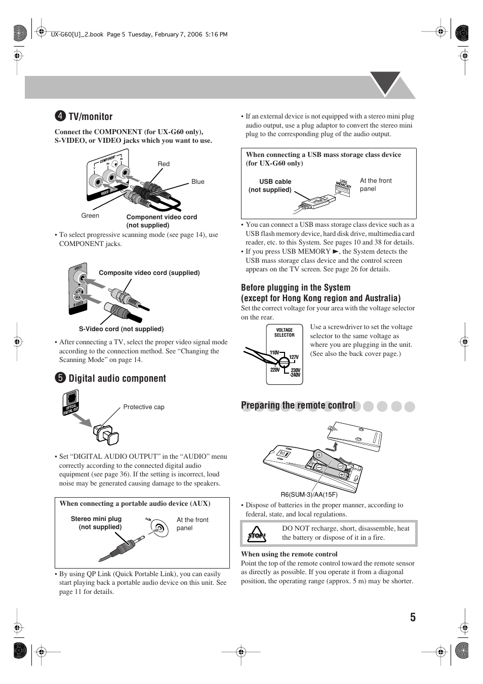 Tv/monitor, Digital audio component, Preparing the remote control | JVC UX-G60 User Manual | Page 7 / 48