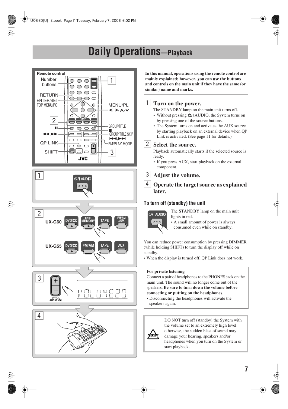 Daily operations, Playback, Turn on the power | Select the source, Adjust the volume, Operate the target source as explained later | JVC UX-G60 User Manual | Page 9 / 48