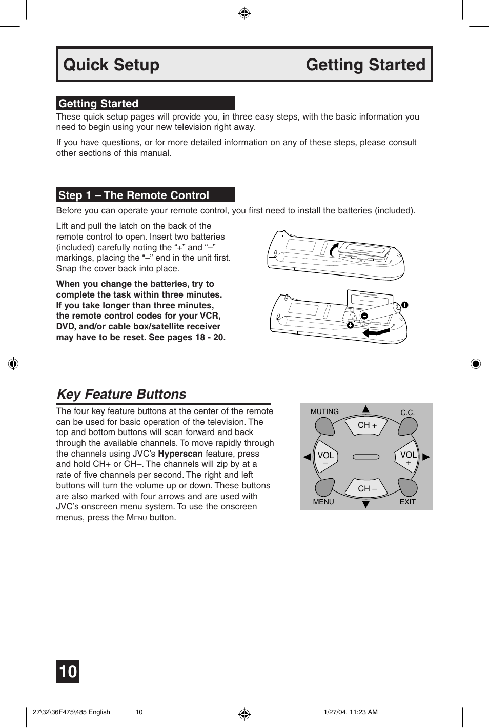 Quick setup getting started, Key feature buttons, Getting started step 1 – the remote control | JVC AV 27F475 User Manual | Page 10 / 56