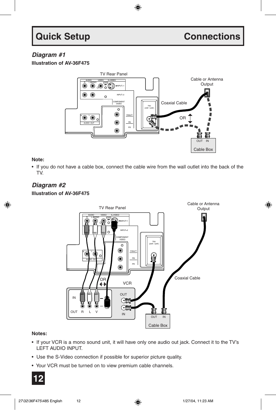 Quick setup connections, Diagram #1, Diagram #2 | JVC AV 27F475 User Manual | Page 12 / 56