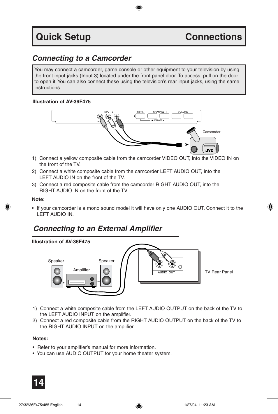 Quick setup connections, Connecting to a camcorder, Connecting to an external amplifier | JVC AV 27F475 User Manual | Page 14 / 56