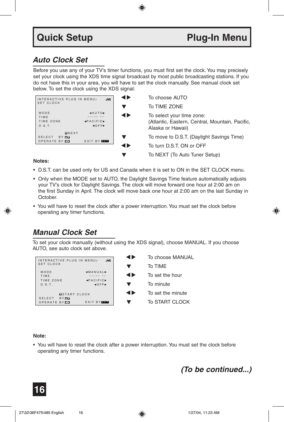 Quick setup plug-in menu, Manual clock set, Auto clock set (to be continued...) | JVC AV 27F475 User Manual | Page 16 / 56