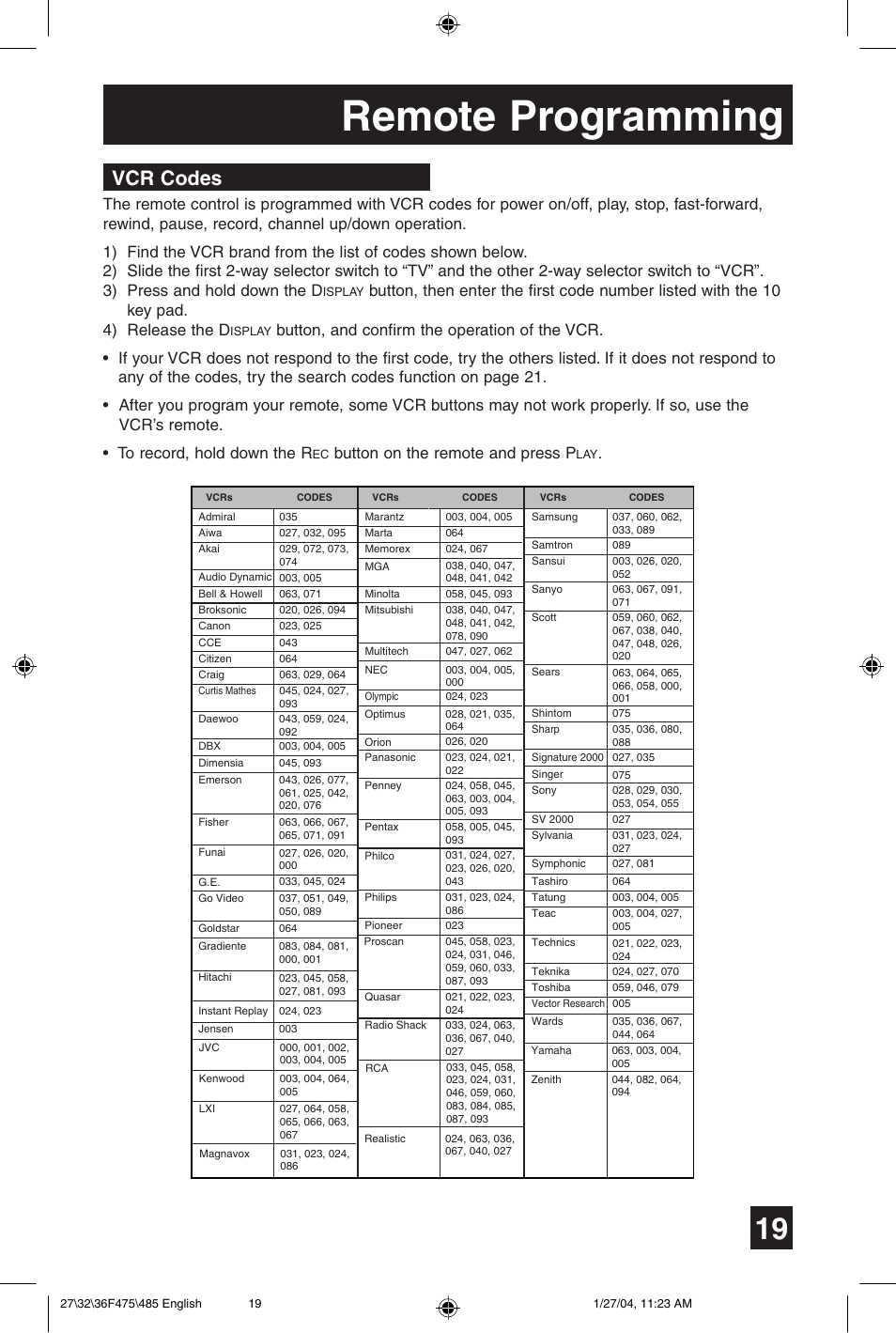 Remote programming, Vcr codes, Button on the remote and press p | JVC AV 27F475 User Manual | Page 19 / 56