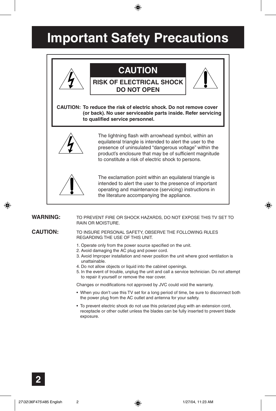 Important safety precautions, Caution, Risk of electrical shock do not open | JVC AV 27F475 User Manual | Page 2 / 56