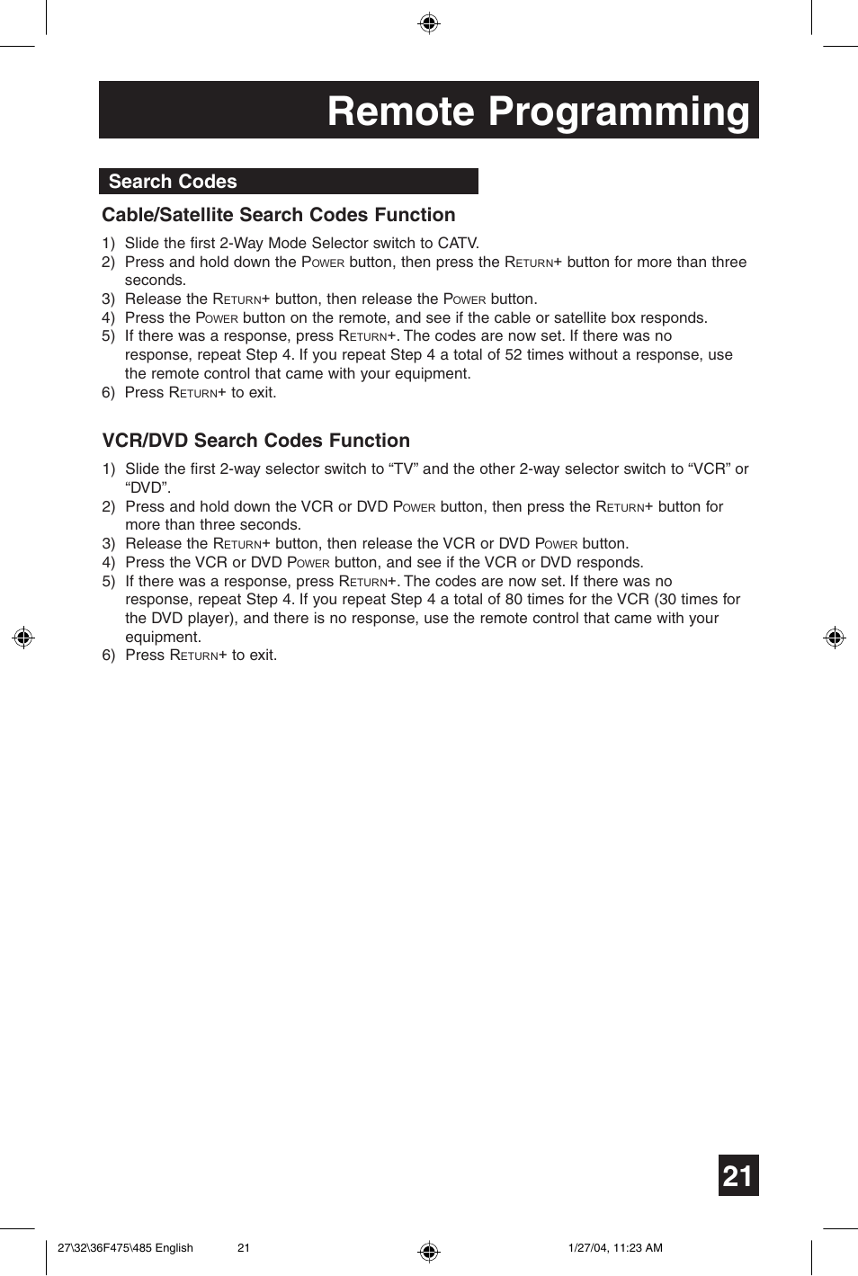 Remote programming, Search codes cable/satellite search codes function, Vcr/dvd search codes function | JVC AV 27F475 User Manual | Page 21 / 56