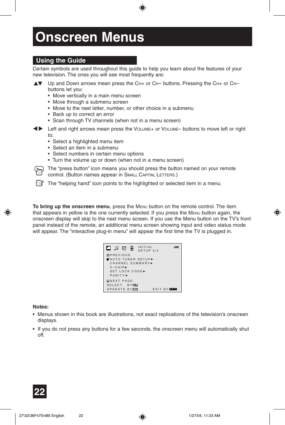 Onscreen menus, Using the guide | JVC AV 27F475 User Manual | Page 22 / 56