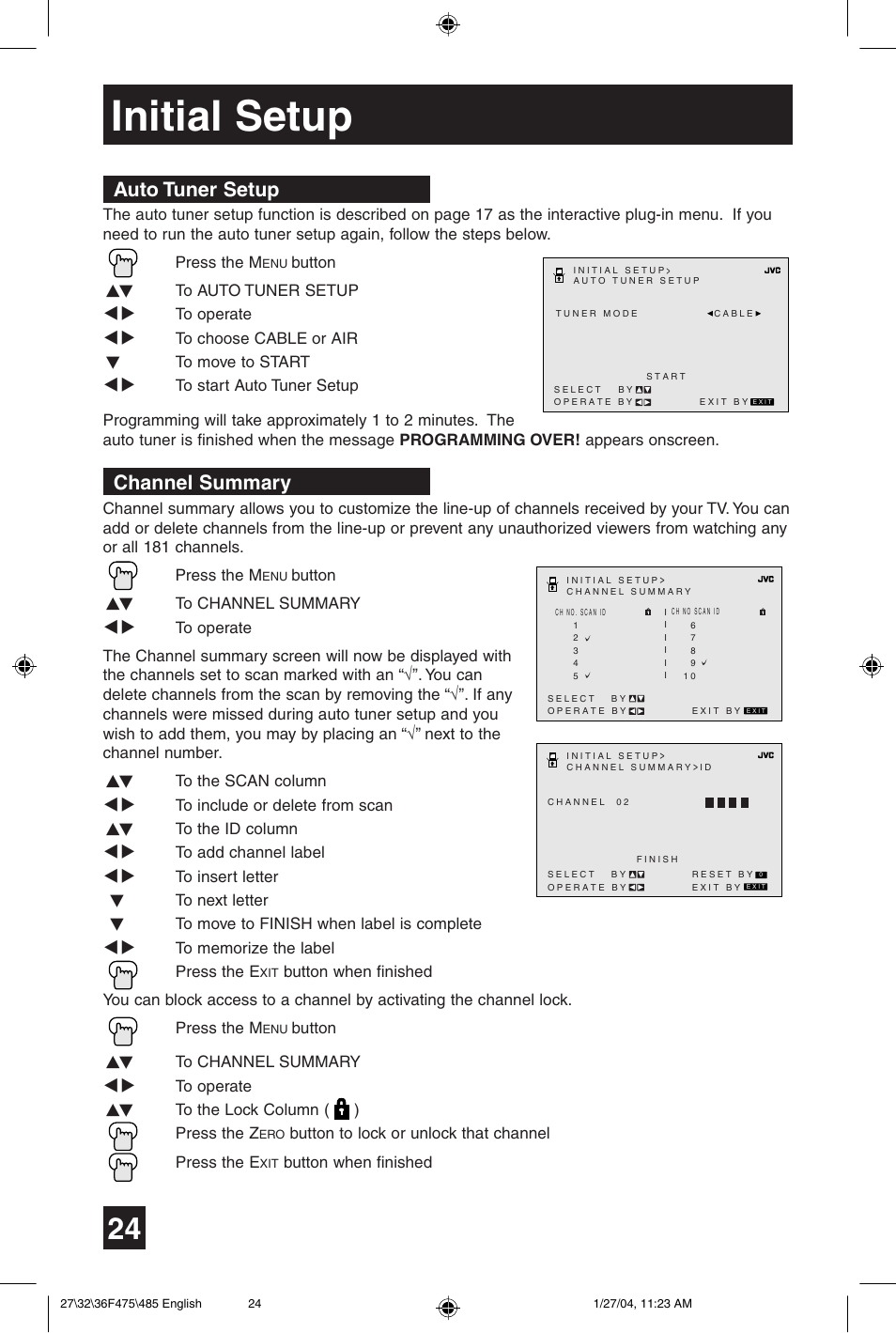 Initial setup, Auto tuner setup, Channel summary | JVC AV 27F475 User Manual | Page 24 / 56