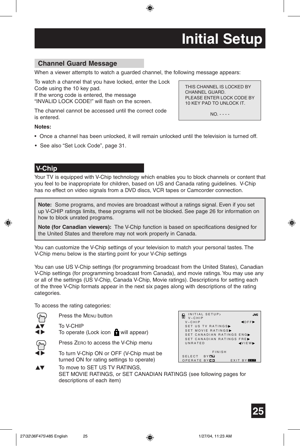 Initial setup, Channel guard message, V-chip | JVC AV 27F475 User Manual | Page 25 / 56
