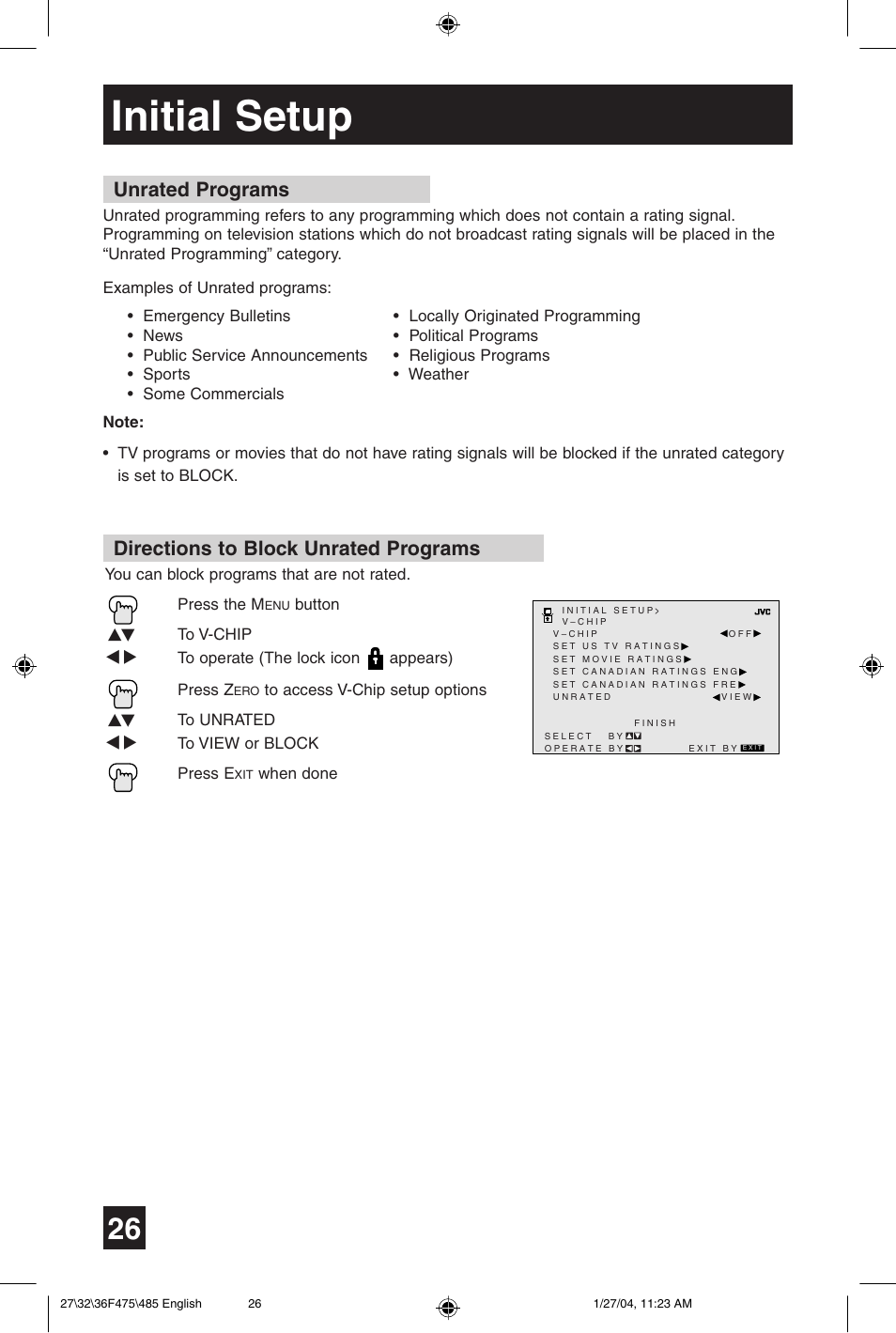 Initial setup, Directions to block unrated programs, Unrated programs | JVC AV 27F475 User Manual | Page 26 / 56