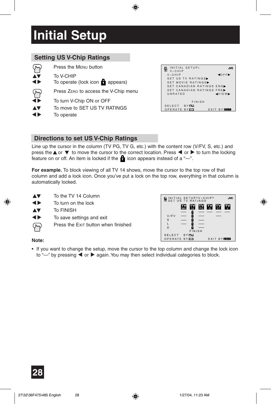Initial setup, Directions to set us v-chip ratings, Setting us v-chip ratings | JVC AV 27F475 User Manual | Page 28 / 56