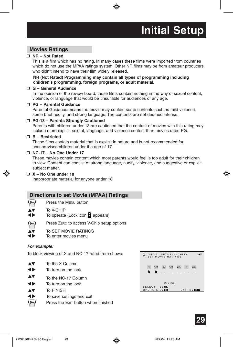 Initial setup, Movies ratings, Directions to set movie (mpaa) ratings | JVC AV 27F475 User Manual | Page 29 / 56