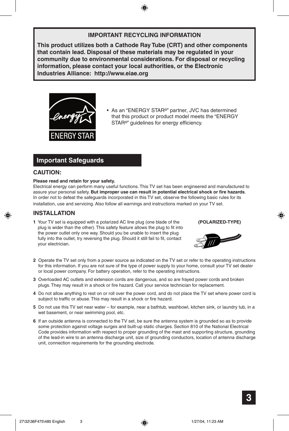 Important safeguards | JVC AV 27F475 User Manual | Page 3 / 56