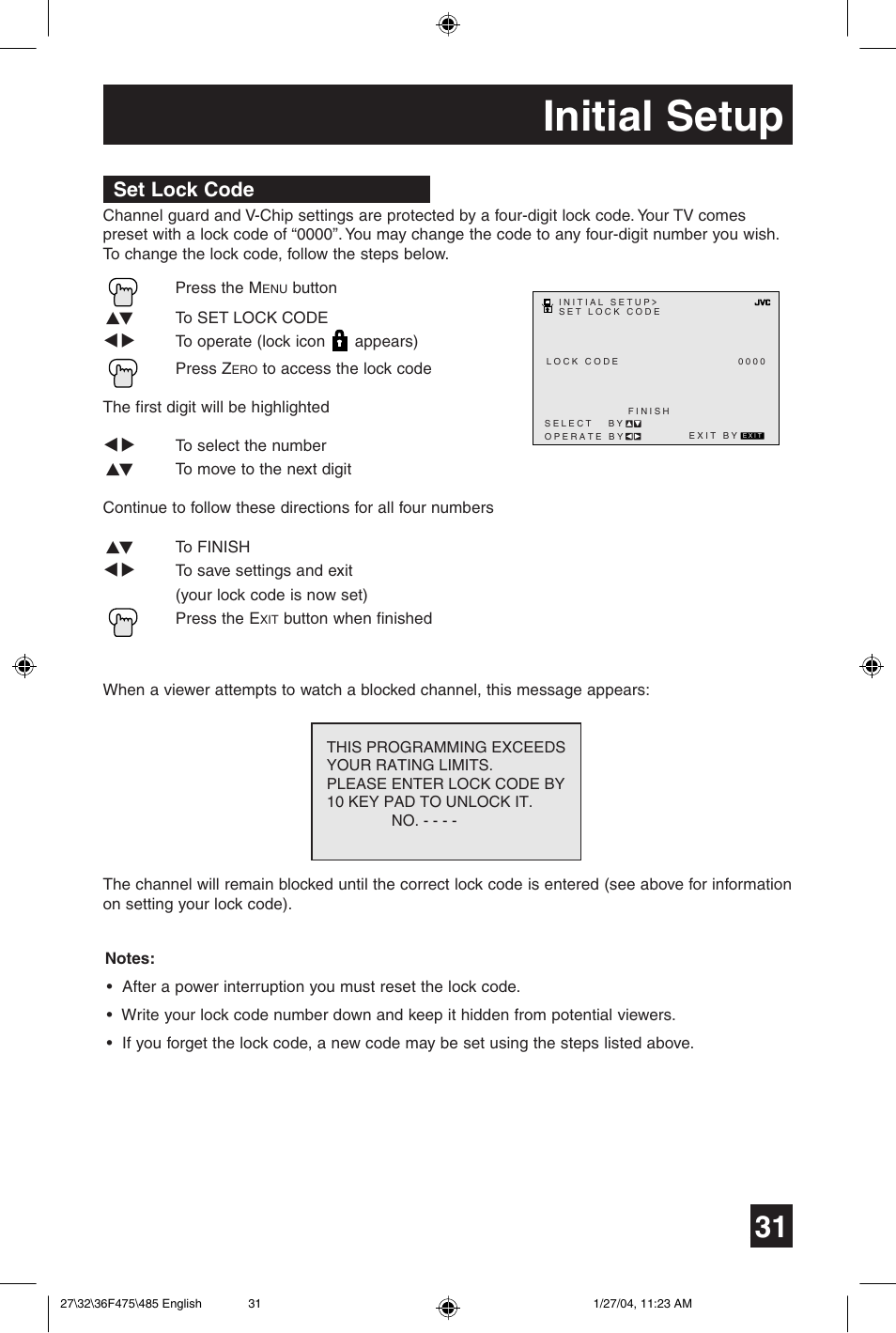 Initial setup, Set lock code | JVC AV 27F475 User Manual | Page 31 / 56