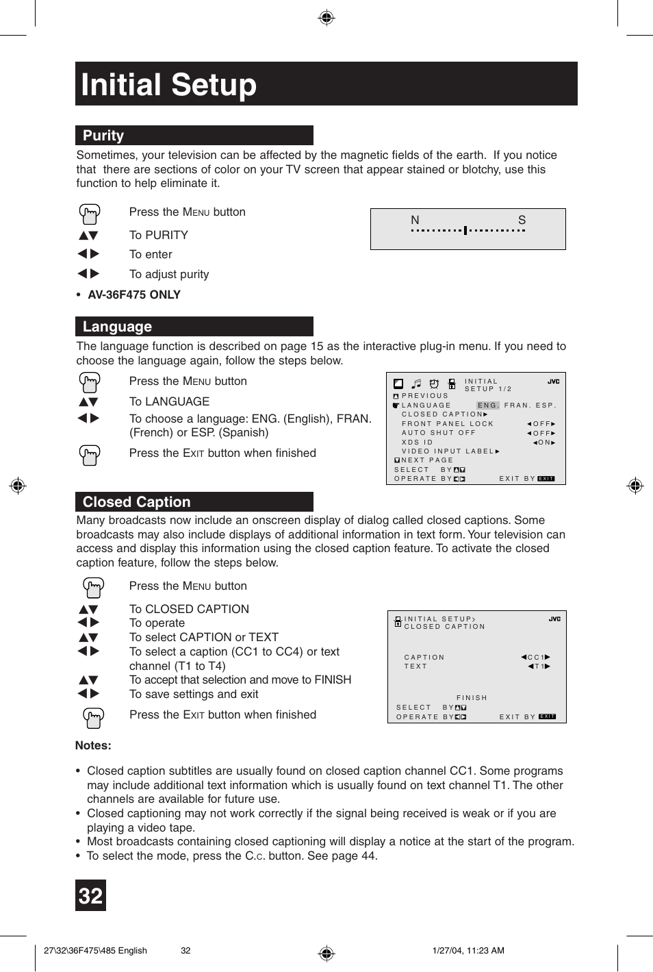 Initial setup, Language, Closed caption | Purity | JVC AV 27F475 User Manual | Page 32 / 56