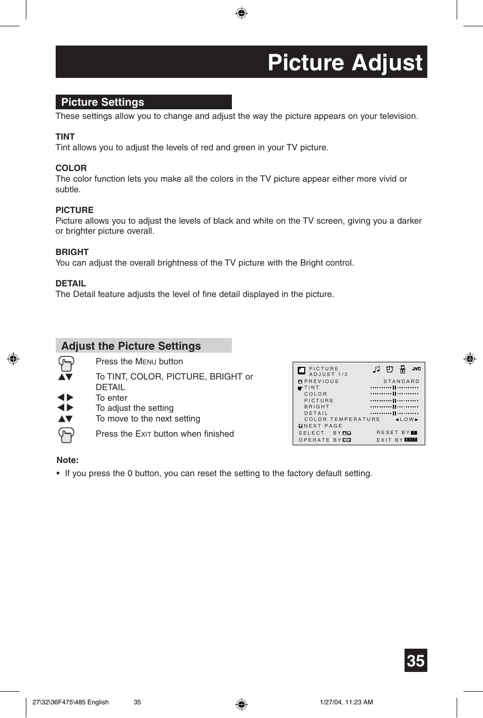 Picture adjust, Picture settings adjust the picture settings | JVC AV 27F475 User Manual | Page 35 / 56