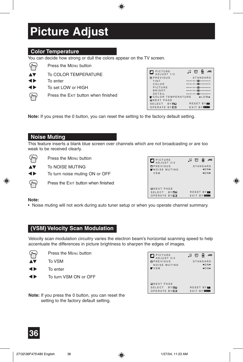 Picture adjust, Noise muting, Color temperature | Vsm) velocity scan modulation | JVC AV 27F475 User Manual | Page 36 / 56