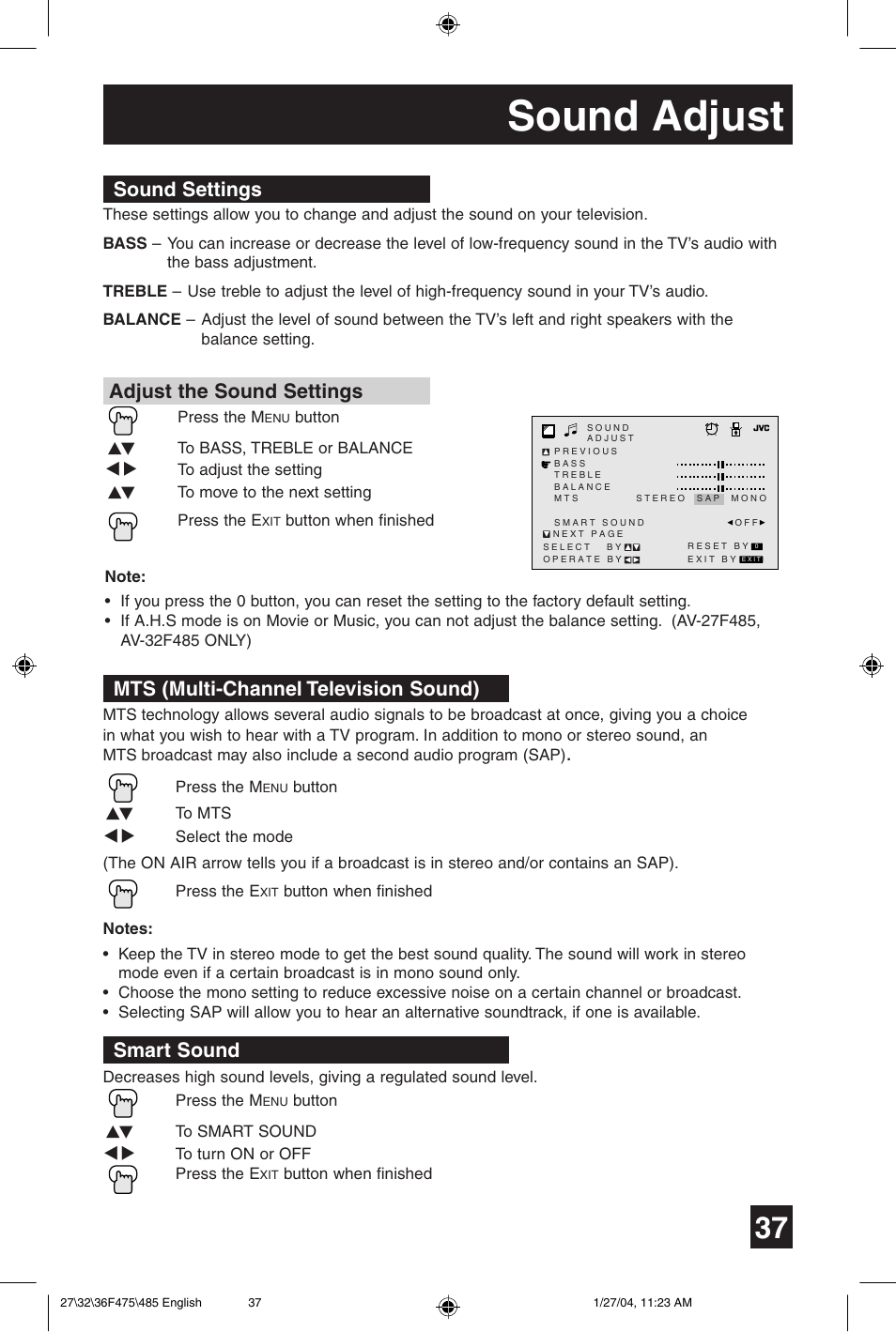 Sound adjust, Smart sound | JVC AV 27F475 User Manual | Page 37 / 56