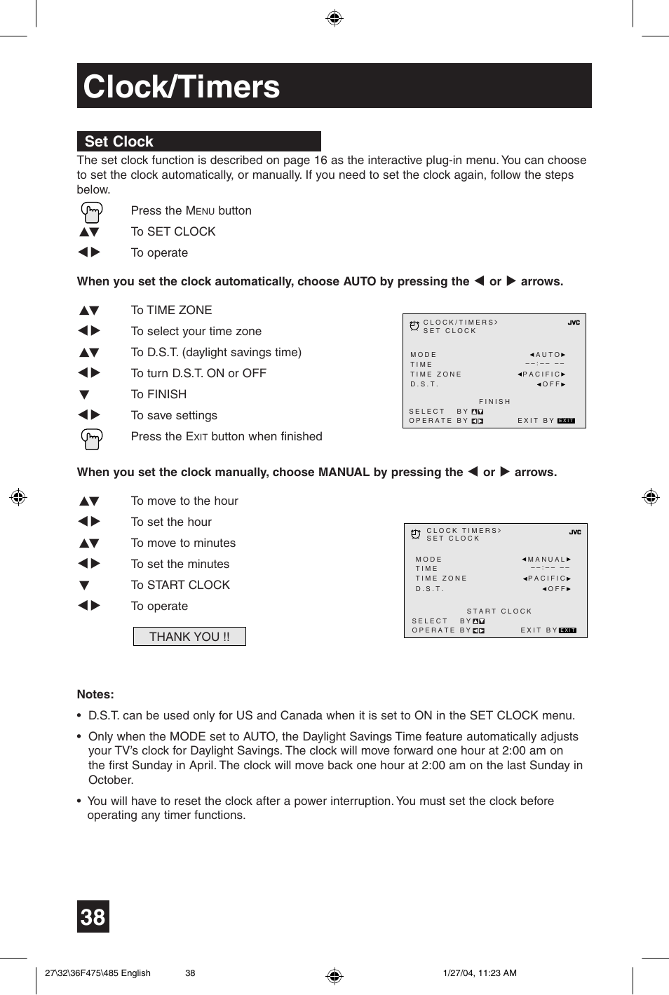 Clock/timers, Set clock | JVC AV 27F475 User Manual | Page 38 / 56