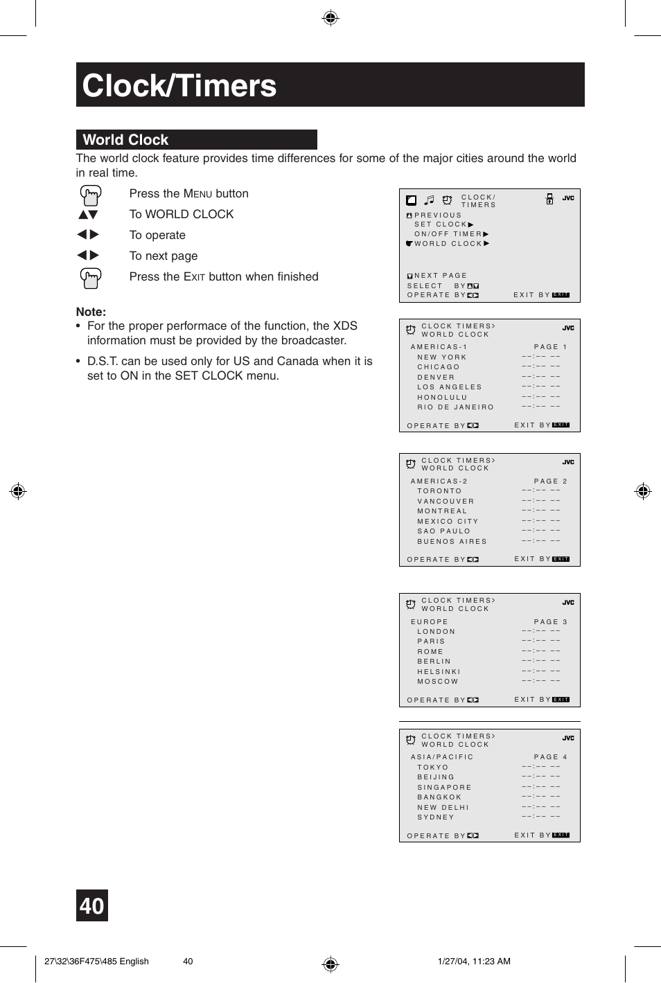 Clock/timers, World clock, Button π† to world clock | JVC AV 27F475 User Manual | Page 40 / 56