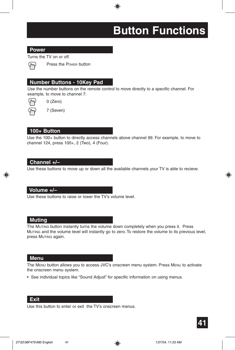 Button functions | JVC AV 27F475 User Manual | Page 41 / 56