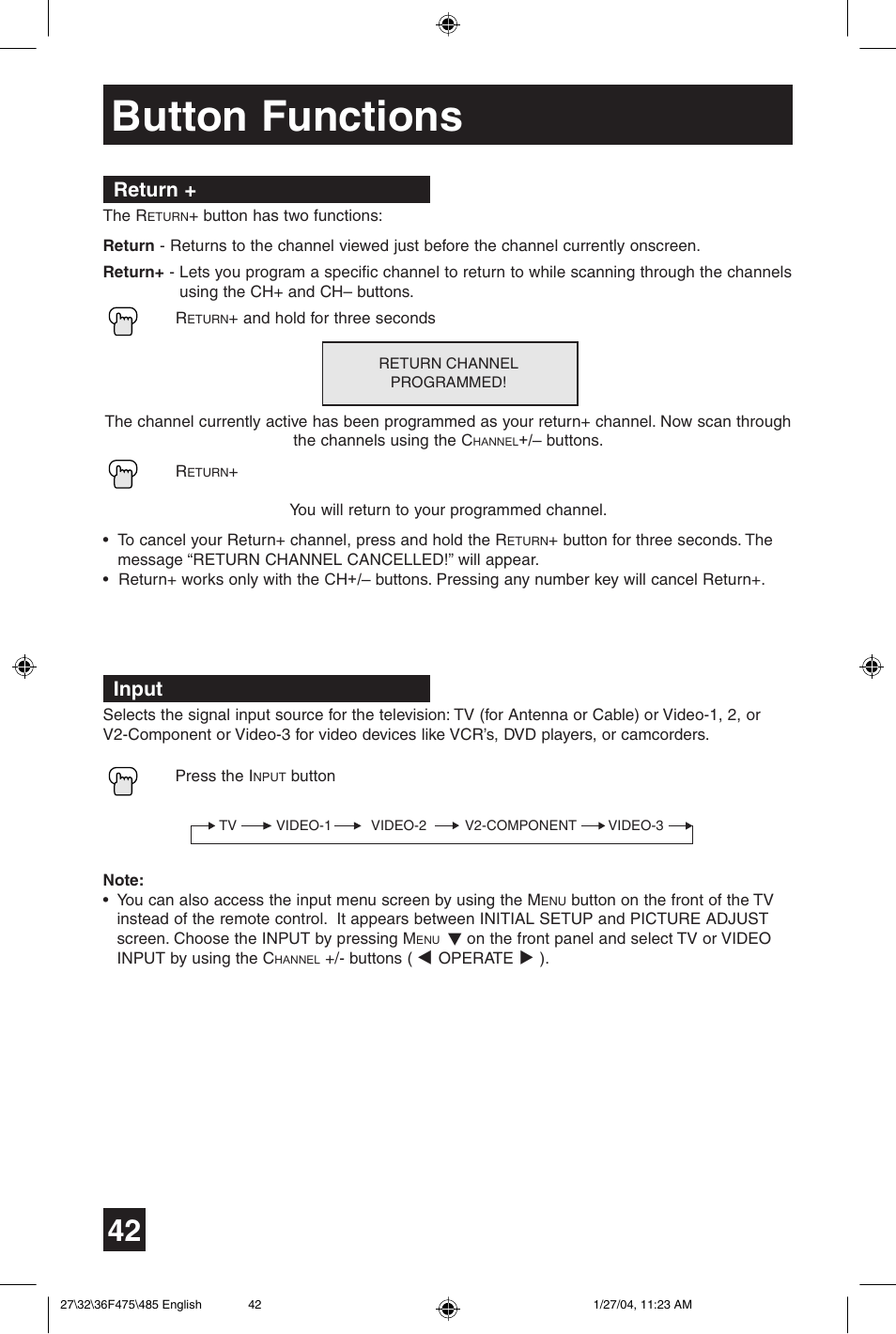 Button functions, Return, Input | JVC AV 27F475 User Manual | Page 42 / 56